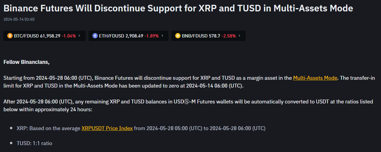 Binance Futures Will Discontinue Support for XRP and TUSD in Multi-Assets Mode