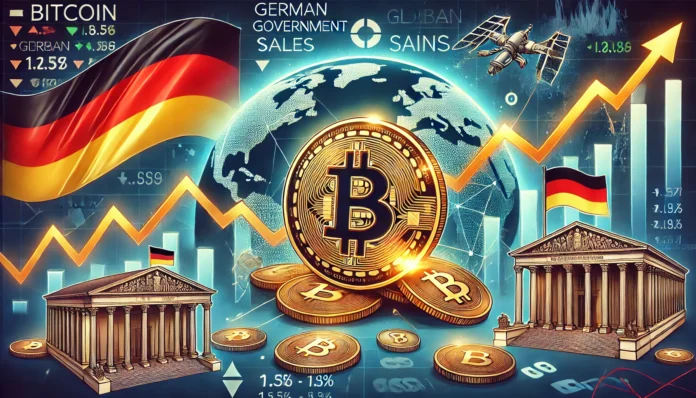Bitcoin struggling amidst global stock gains due to the impact of German government sales. The image features a Bitcoin symb
