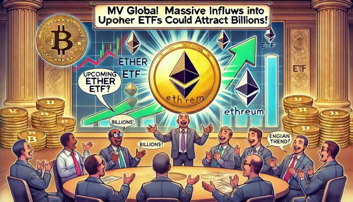 An illustration depicting MV Global's Managing Partner foreseeing massive inflows into Ether ETFs, suggesting upcoming Ether ETFs could attract billio