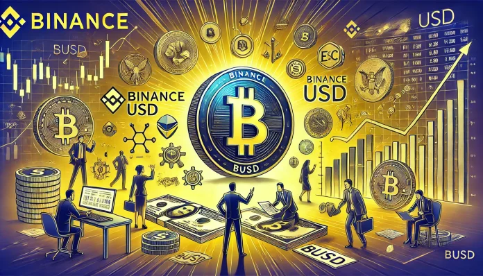 An illustration depicting recent developments in Binance USD (BUSD) following the SEC decision. The image features the BUSD symbol prominently, with e