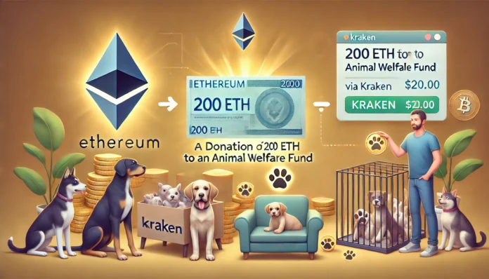 An image depicting a donation of 200 ETH to an Animal Welfare Fund via Kraken, emphasizing a commitment to philanthropy. Show Ethereum logos with a di