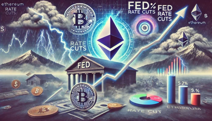 An image depicting the impact of Fed rate cuts on Ethereum's rise, creating a perfect storm for a crypto shake-up. Show the Ethereum logo prominently