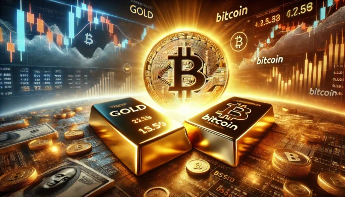 A dramatic financial battle scene between gold and Bitcoin. The gold is represented as a shining, physical gold bar, and Bitcoin appears as a glowing,