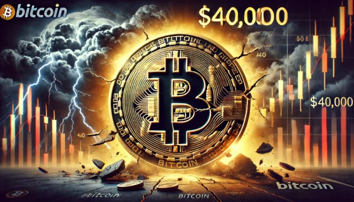 A dramatic image featuring the Bitcoin symbol prominently, glowing in gold as the number '$40,000' hovers behind it in large, bold text. The backgroun