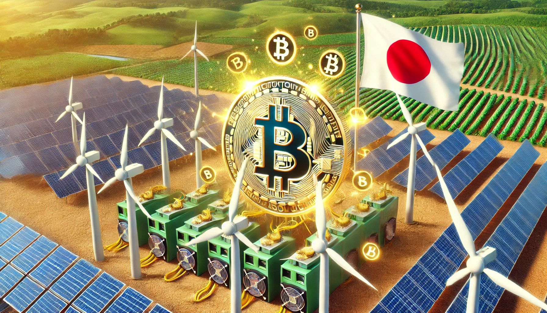 A scene of Bitcoin mining units using renewable energy with the Japanese flag clearly integrated. The Bitcoin symbol shines brightly at the center, wi