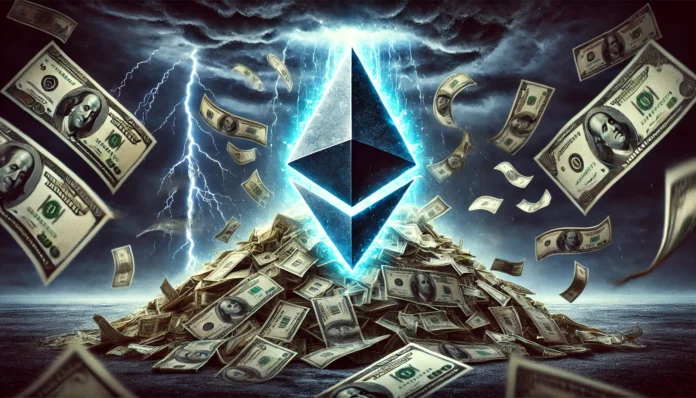 An intense and dramatic image showing the Ethereum symbol surrounded by a storm of dollar bills being sucked away, symbolizing the $10 million outflow