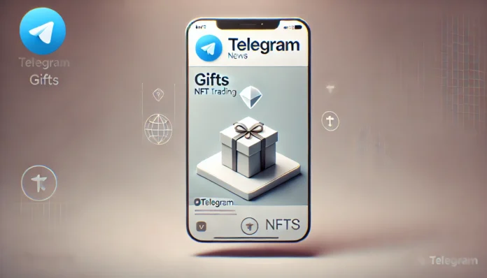 A simplified news cover image for Telegram's new 'Gifts' feature focused on NFT trading. The design highlights the Telegram logo in a clean, minimal s